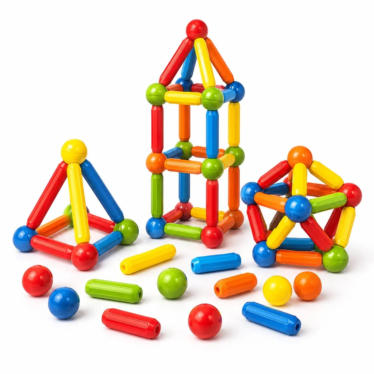 Magnetic Construction Building Blocks Set – STEM & Montessori Toy | ToyRoots Pakistan Colourful magnetic construction stick-and-ball building set with assembled towers and loose pieces — STEM toy for kids in Pakistan
