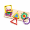 Wooden geometric shape stacking puzzle with nested square, triangle, and circle pieces — Montessori toy for kids in Pakistan
