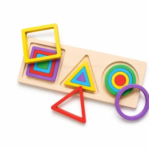 Wooden geometric shape stacking puzzle with nested square, triangle, and circle pieces — Montessori toy for kids in Pakistan