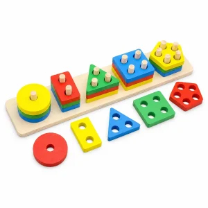 Wooden geometric shape sorter and stacking board with colourful circle, rectangle, triangle, square and pentagon pieces — Montessori educational toy in Pakistan