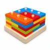Wooden square block-stacking puzzle with colourful red, blue, green, yellow and orange bars on a natural wood base β Montessori educational toy in Pakistan