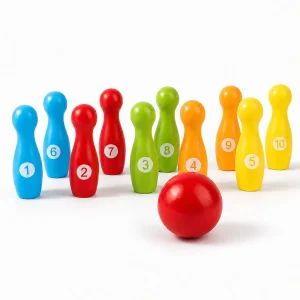 Kids bowling game set with 10 colourful numbered pins and a red ball, available in Pakistan with cash on delivery