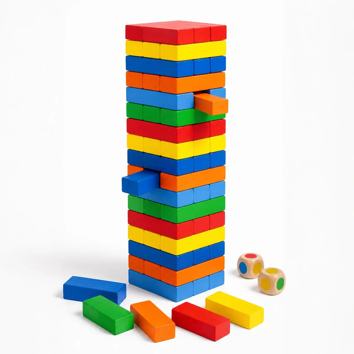 How to Play the Colourful Tumbling Tower Game – ToyRoots Pakistan Colourful wooden tumbling tower mid-game with blocks pulled out and coloured dice — how the Jenga-style game is played, ToyRoots Pakistan
