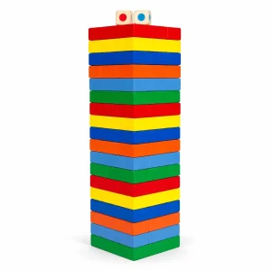 Colourful wooden tumbling tower stacking game with coloured dice — Jenga-style block game for kids in Pakistan