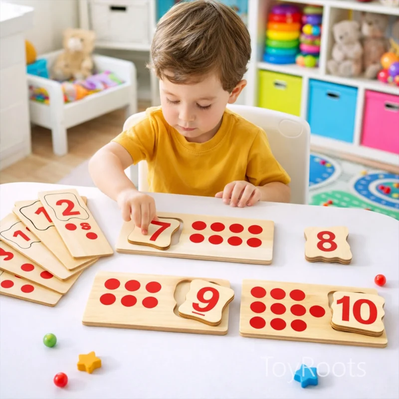Toddler playing with wooden number matching puzzle educational toy in Pakistan