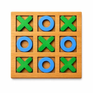 Wooden tic tac toe XO board game with green X and blue O pieces, for kids in Pakistan