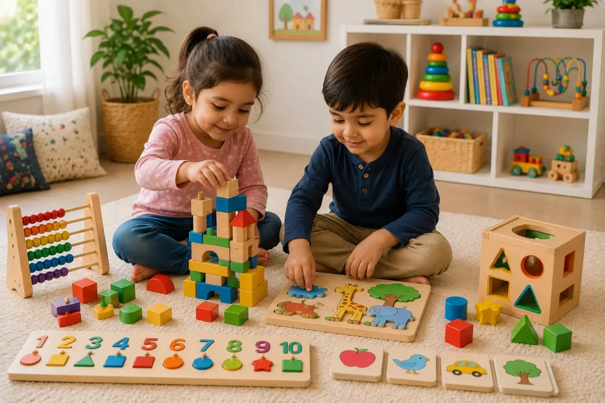 Preschool children playing with educational wooden toys