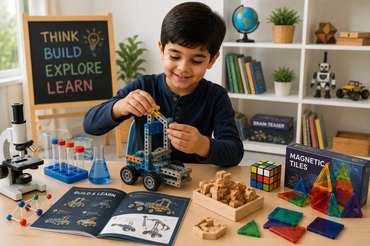 Child building a STEM construction model with educational toys