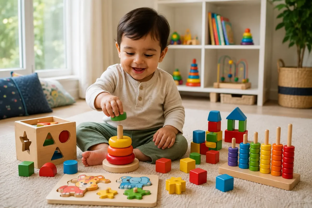 Toddler playing with wooden educational toys