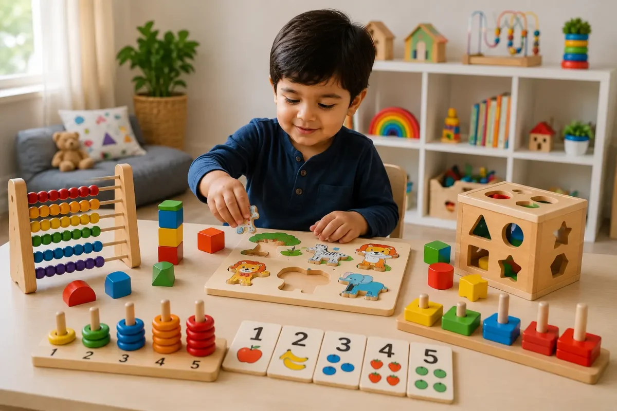 Toddler playing with wooden educational toys