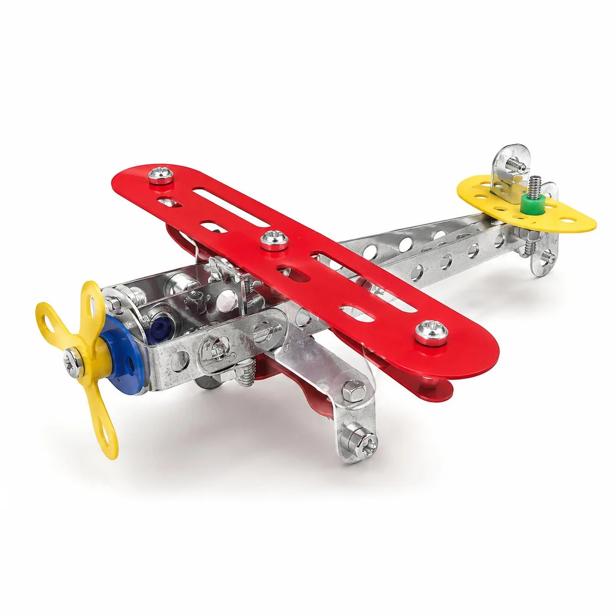 Biplane Build – Metal Aircraft Model Kit | ToyRoots Pakistan Red and silver metal biplane built from the metal aircraft model kit, available in Pakistan with cash on delivery.