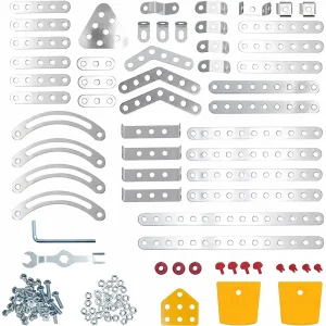 Metal model aircraft building kit parts laid out — perforated steel strips, brackets, screws, nuts and included tools for a STEM construction toy, available in Pakistan with cash on delivery.