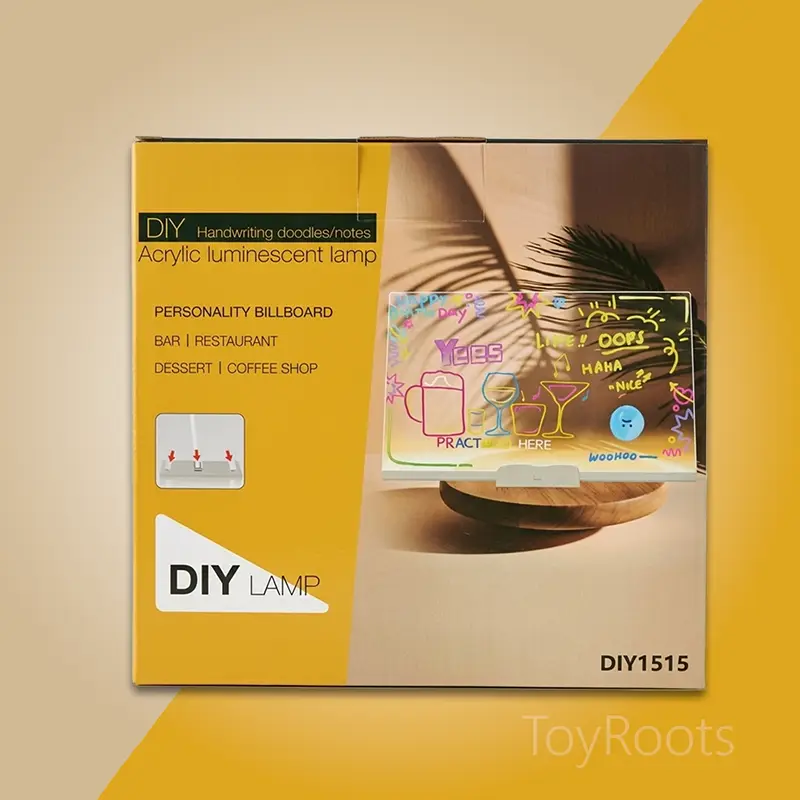 Acrylic LED Writing Board – Original Box Packaging | ToyRoots Pakistan Acrylic luminescent LED writing board box packaging — creative drawing toy for kids in Pakistan