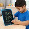 Young boy drawing colourful dinosaur on LCD writing tablet with stylus for creative learning in Pakistan