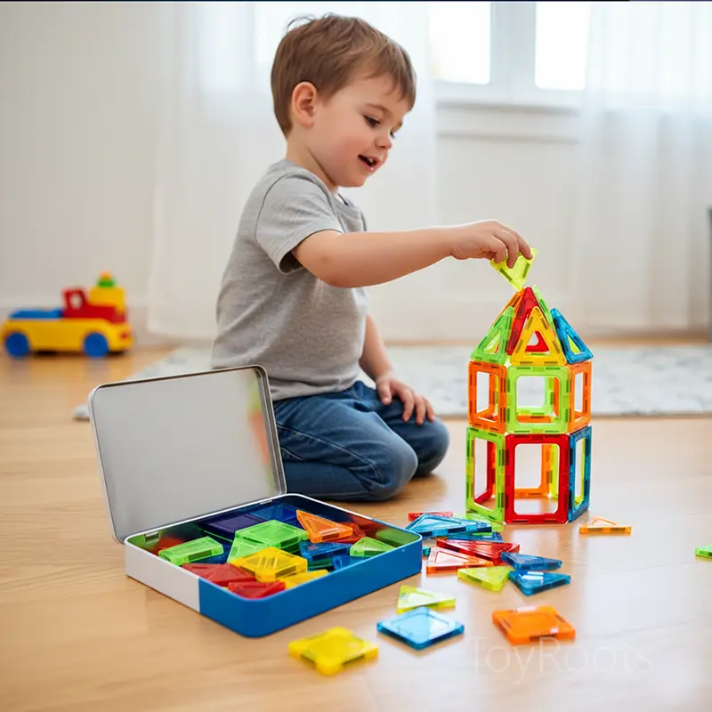 Child Building with Magnetic Tiles A child playing with magnetic tiles to develop fine motor skills and spatial reasoning.
