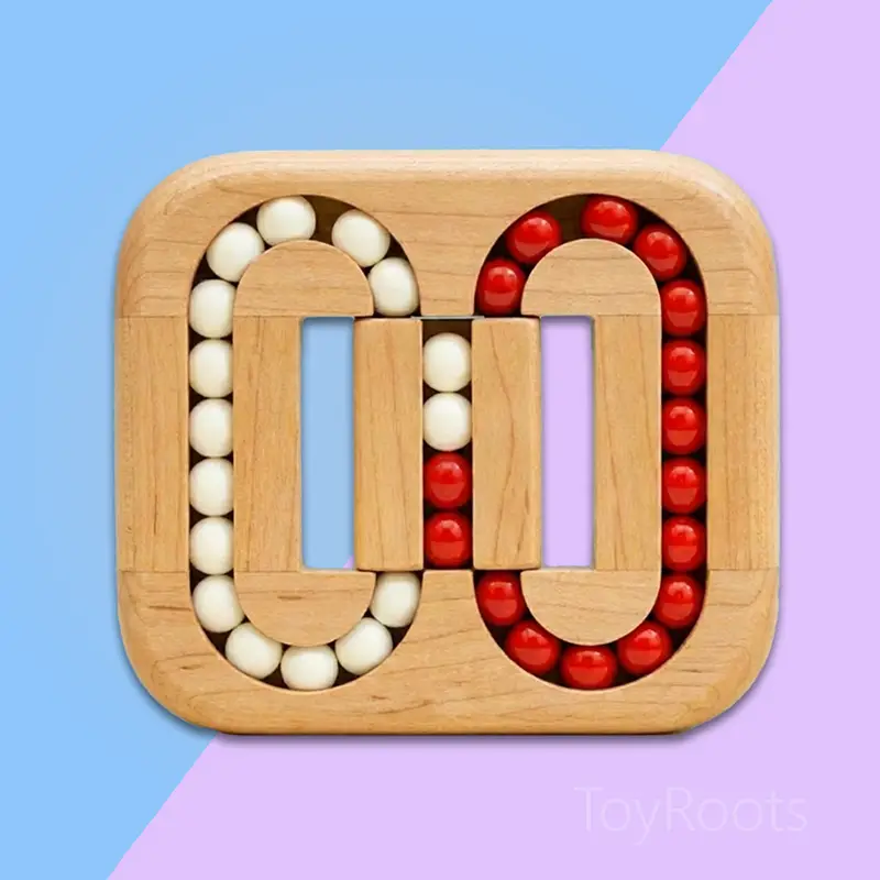 Wooden Bead Maze Sliding Puzzle – Fine Motor Skill Toy | ToyRoots Pakistan Wooden bead maze puzzle with white and red sliding beads for fine motor skill development in Pakistan