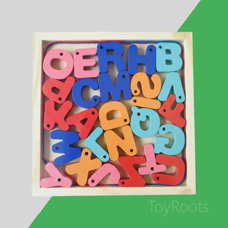 ToyRoots Alphabet Lacing Set Full Collection Complete 26-piece wooden alphabet lacing set with colorful letters and threading cords, a Montessori educational toy.