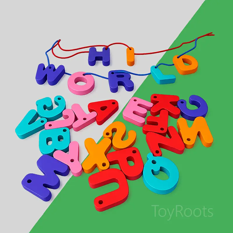 Close-up of Chunky Wooden Letter Beads Detailed view of smooth, non-toxic painted wooden alphabet blocks with threading holes, showing sustainable wood grain.
