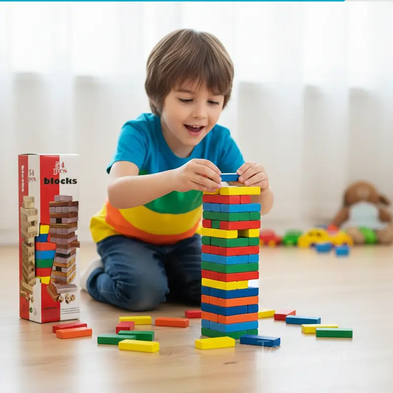 Toddler Playing with ToyRoots 54-Piece Colored Stacking Blocks A young boy happily stacking 54 colorful wooden blocks, demonstrating the use of this Montessori logic toy and STEM set by ToyRoots.