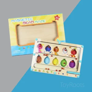 Wooden magnetic bead maze with dinosaur colour sorting for fine motor skill development in Pakistan