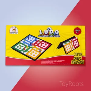 A foldable magnetic Ludo board game with colorful pieces, showing its portable travel design for families by ToyRoots Pakistan.