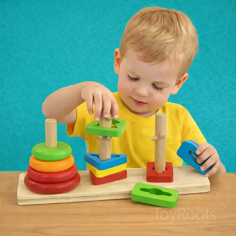 Rainbow Three-Column Tower Educational Toy for Kids Child playing with a colorful rainbow three-column stacking tower educational toy