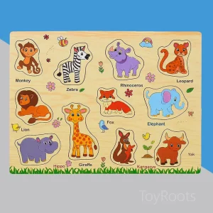 Wooden wild animals peg puzzle with 11 labelled animals including lion giraffe elephant and zebra for toddlers in Pakistan