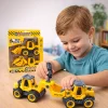 Toddler using a plastic screwdriver to build a toy truck.