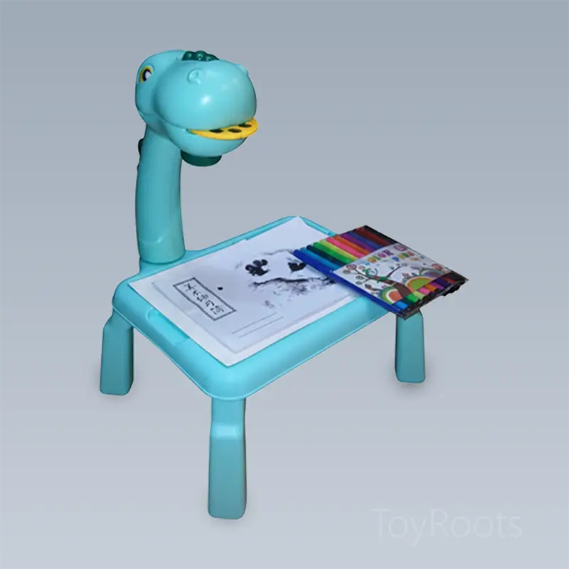Teal Dinosaur Art Projector Desk – With Markers | ToyRoots Pakistan Teal dinosaur art projector desk with markers for kids in Pakistan
