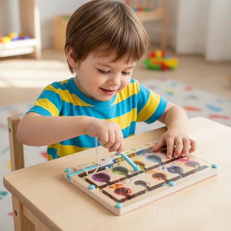 toddler-playing-with-magnetic-sorting-board Toddler using a magnetic stylus on a STEM toy board.
