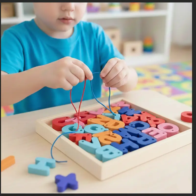 Toddler Using Alphabet Lacing Beads A young child practicing fine motor skills by threading a blue lace through wooden alphabet beads, a STEM toy for preschoolers.