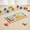 A 10-piece wooden Montessori puzzle featuring abstract jungle animals like lions and elephants with colorful geometric patterns by ToyRoots.