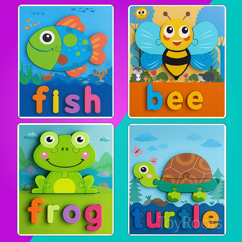 Chunky Wooden Animal Alphabet Puzzles Collection Four wooden animal alphabet puzzles featuring a turtle, frog, fish, and bee.