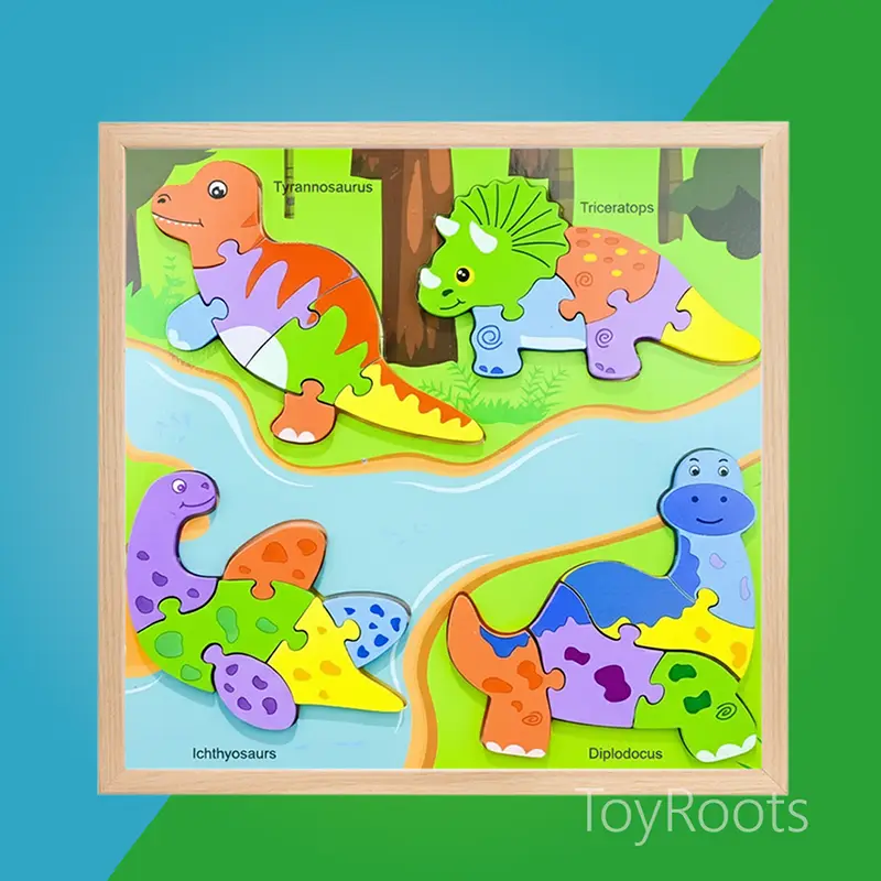 Wooden Dinosaur Jigsaw Puzzle – 4 Dinosaur Learning Toy for Kids | ToyRoots Pakistan Wooden dinosaur jigsaw puzzle with Tyrannosaurus Triceratops Ichthyosaurs and Diplodocus for kids in Pakistan