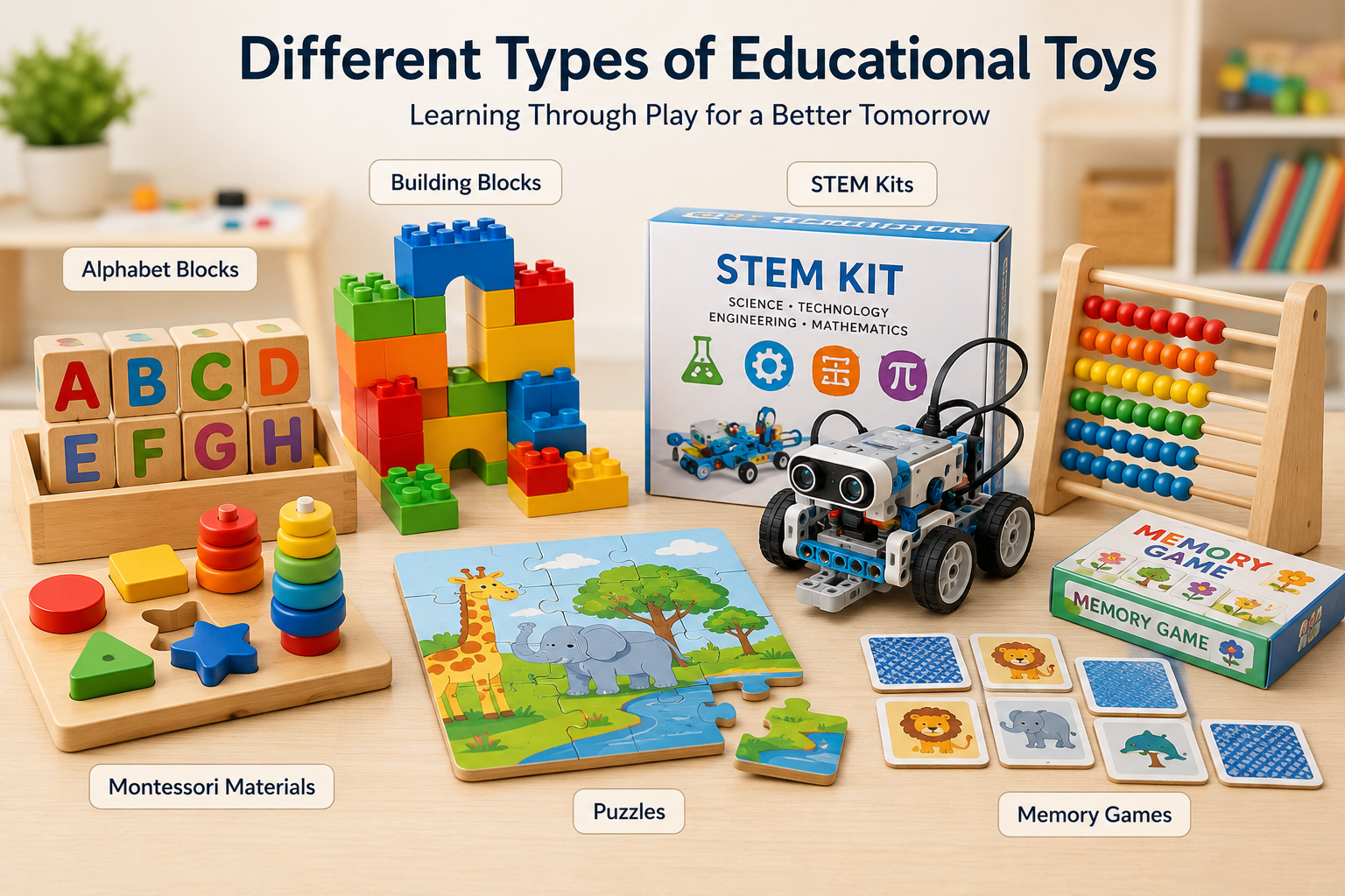Different educational toys including building blocks, puzzles, STEM kits, Montessori materials, and memory games for child development.
