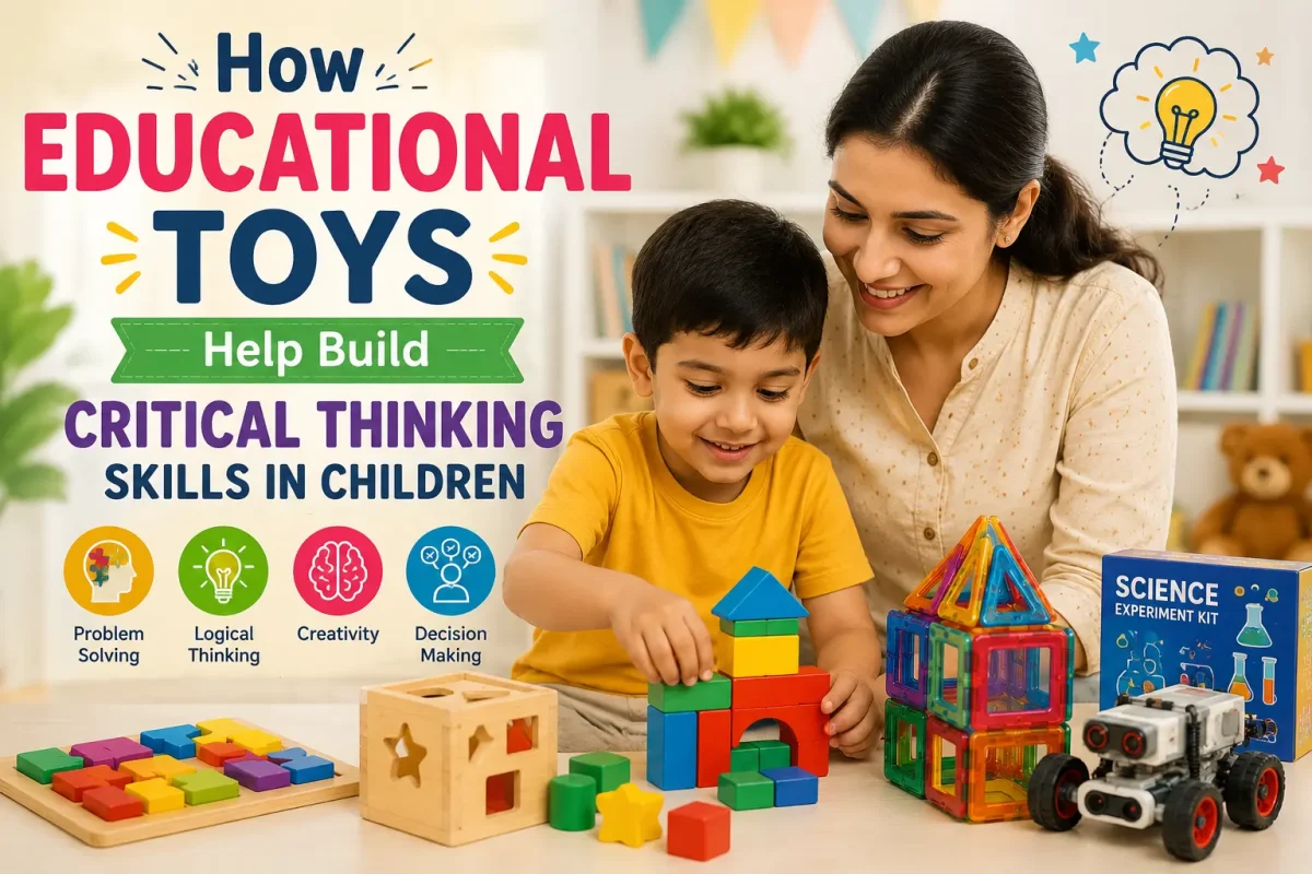 Parent and child playing with educational toys to develop critical thinking skills in children.