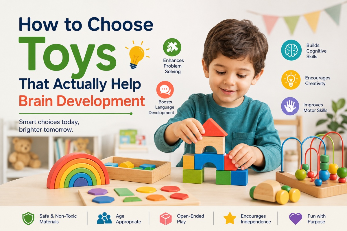 Child playing with educational wooden toys that help brain development, creativity, problem-solving, and cognitive skills.