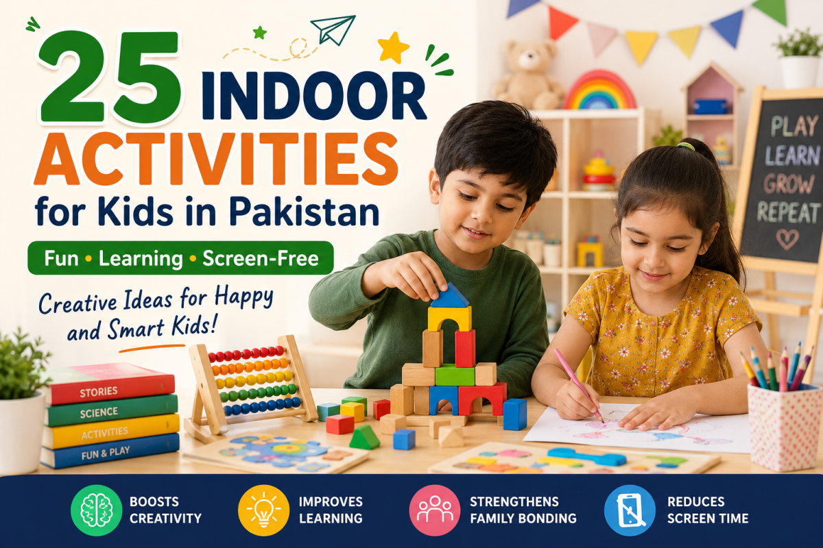 Children enjoying fun indoor activities in Pakistan using educational toys, drawing, and building blocks at home.