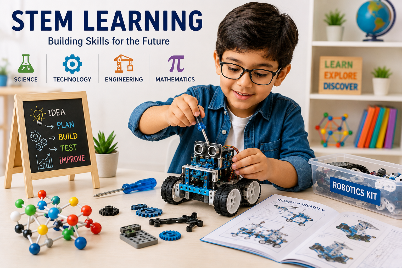 Child building a robotics kit with STEM educational toys to learn science, technology, engineering, and mathematics skills.