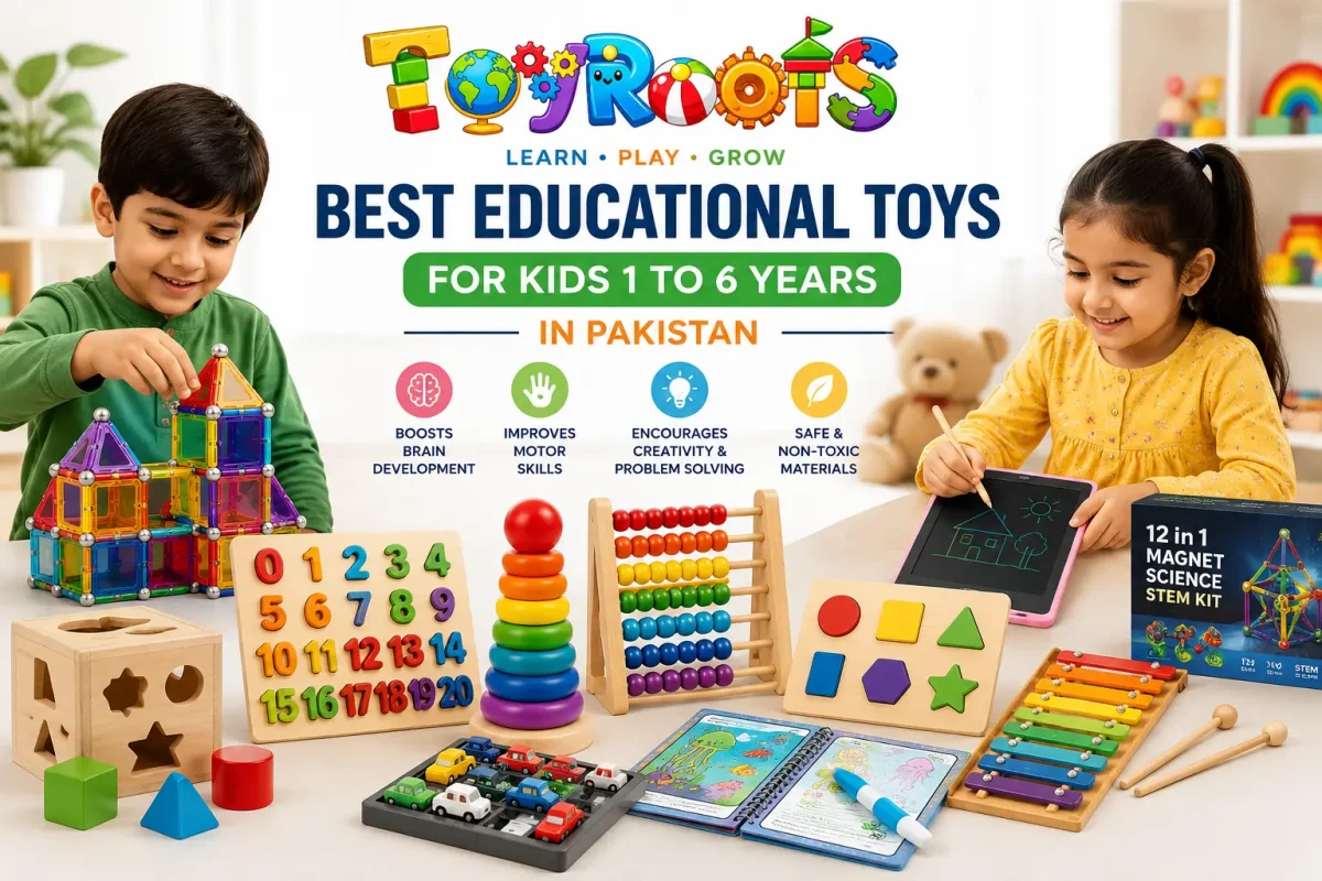 Best educational toys for kids aged 1 to 6 including Montessori toys, STEM toys, wooden puzzles, building blocks, and learning games by ToyRoots.