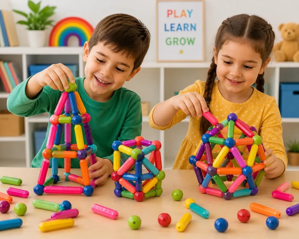 Two children building colorful geometric structures with Magnetic Building Blocks to develop STEM skills, creativity, and teamwork.