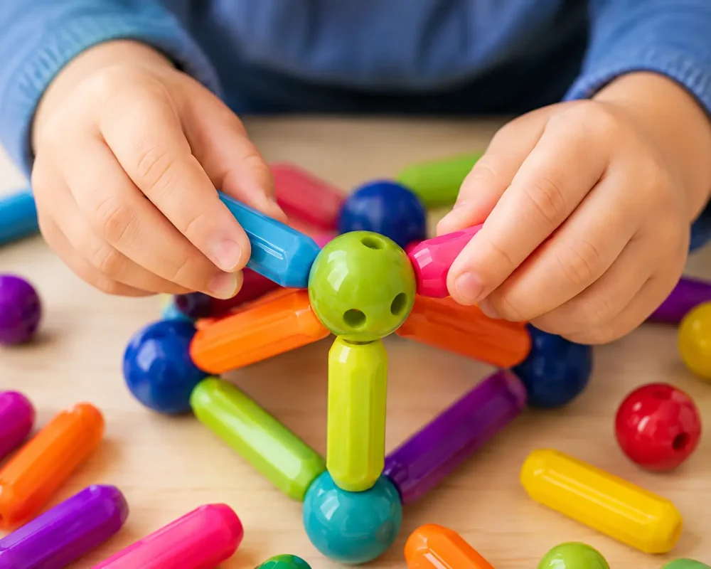 Close-up of a child's hands connecting colorful Magnetic Building Blocks to improve fine motor skills and hand-eye coordination.