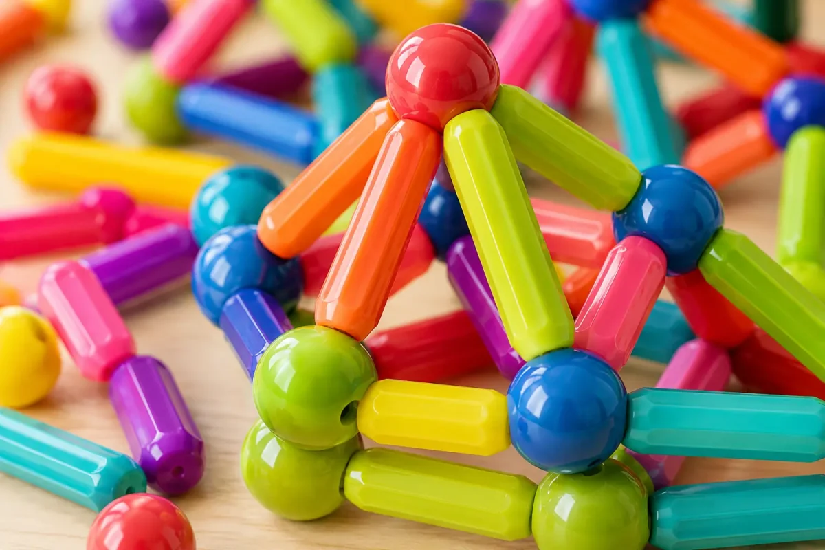 Close-up of colorful Magnetic Building Blocks with magnetic rods and balls connected to form creative geometric structures.