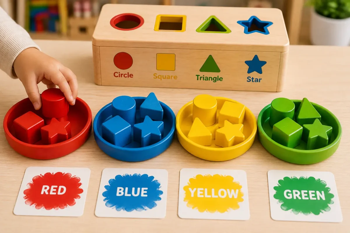 Toddler sorting colorful shapes by color with a wooden shape sorting toy