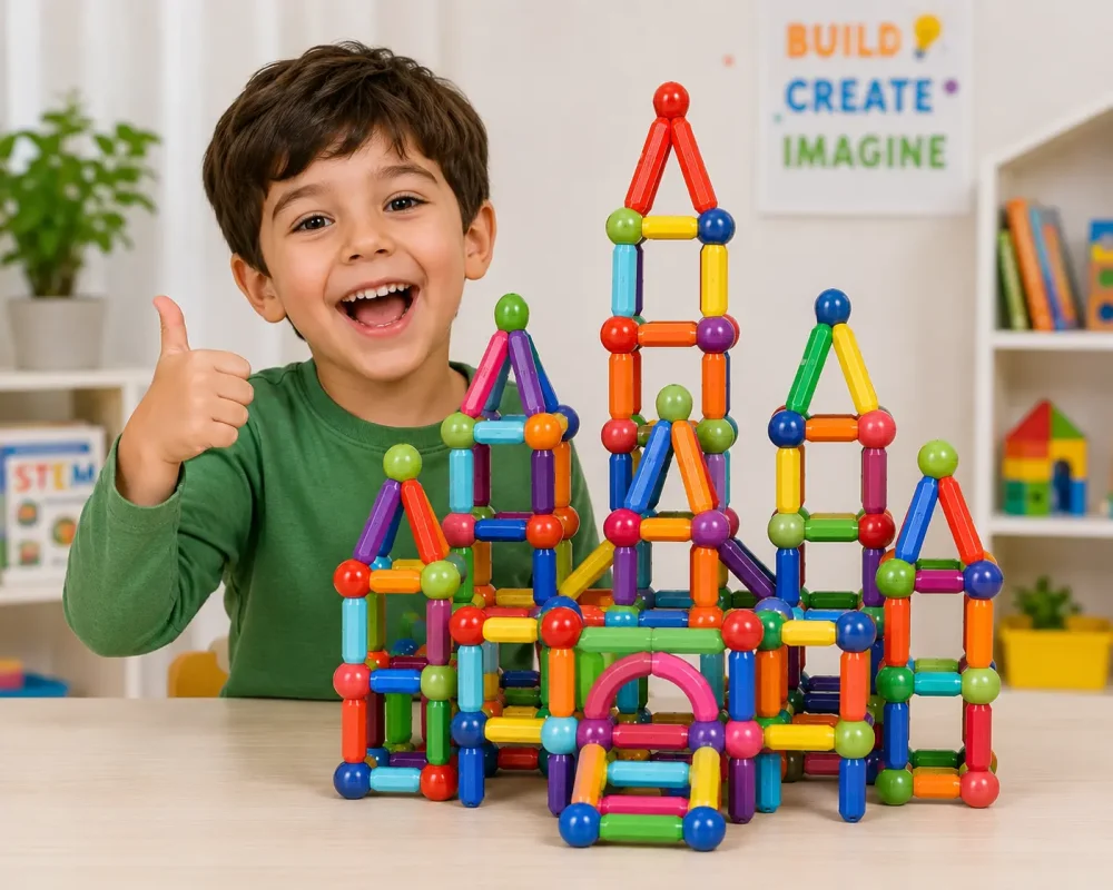 Happy child proudly showing a completed Magnetic Building Blocks castle after creative STEM play.