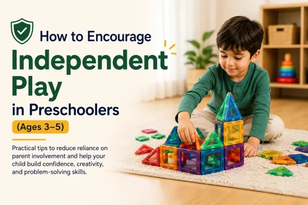 Preschool boy playing independently with magnetic building blocks