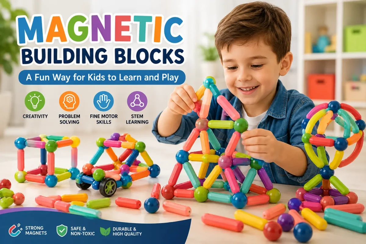 Colorful Magnetic Building Blocks STEM toy helping children develop creativity, problem-solving, and fine motor skills.