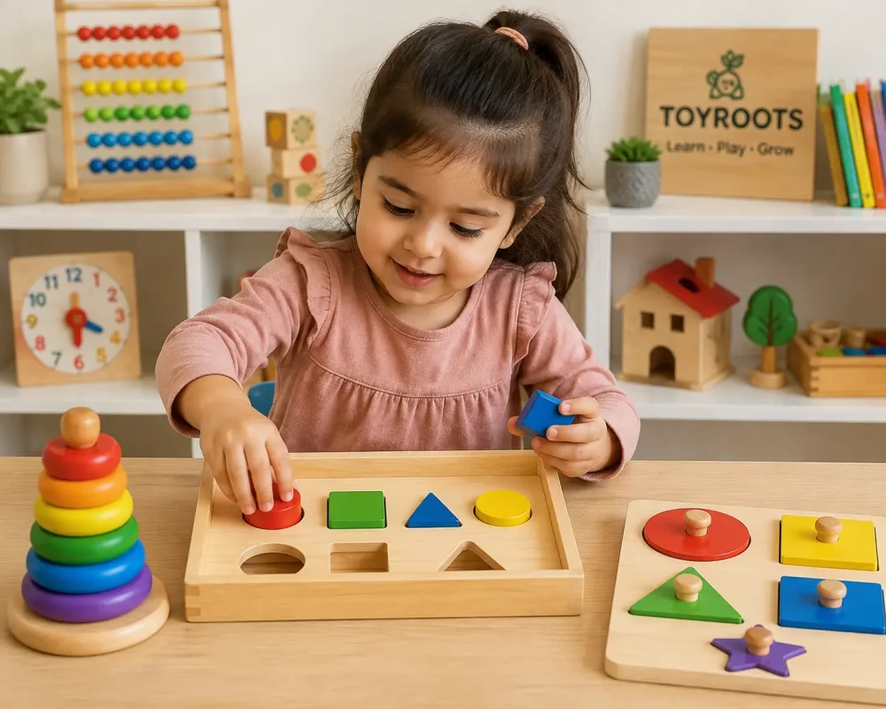 Child learning independently with Montessori wooden toys