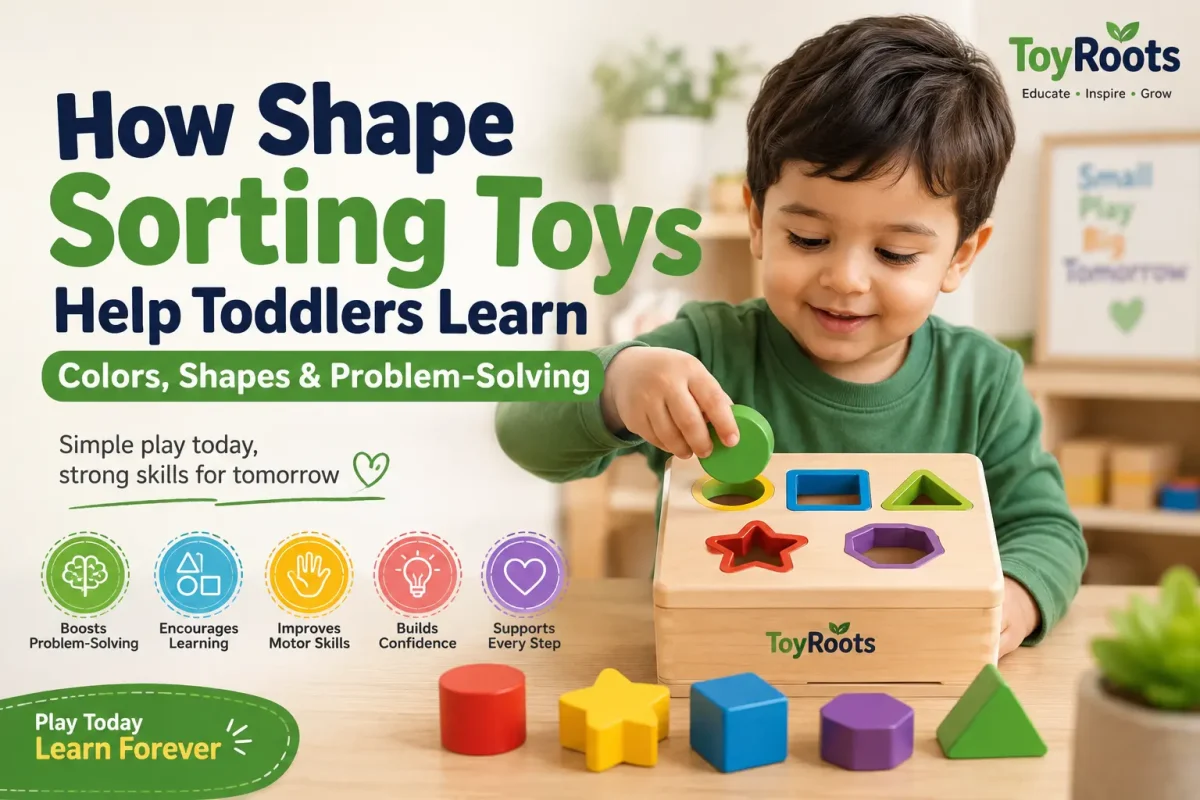 Alt Text: Toddler playing with shape sorting toys to learn colors and shapes