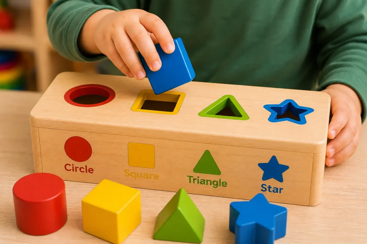 Toddler trying different shapes in a wooden sorting toy to solve a problem